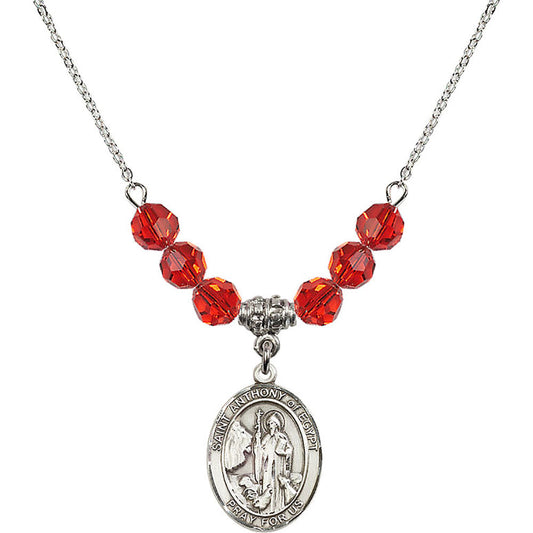 Sterling Silver Saint Anthony of Egypt Birthstone Necklace with Ruby Beads - 8317