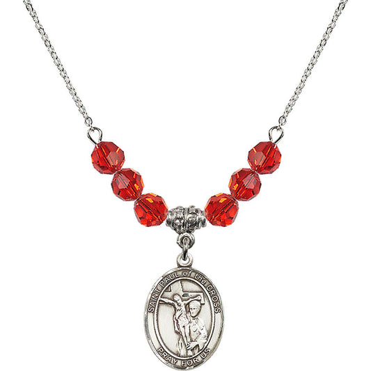 Sterling Silver Saint Paul of the Cross Birthstone Necklace with Ruby Beads - 8318