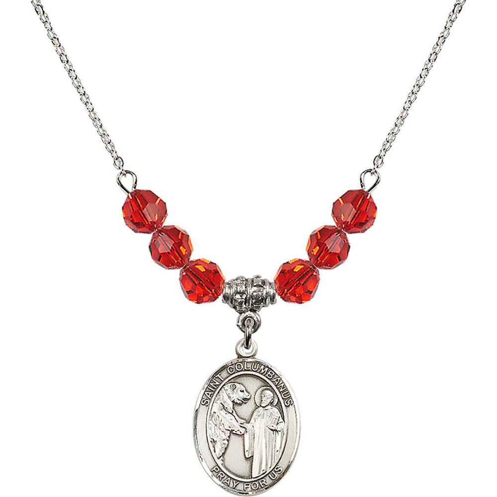 Sterling Silver Saint Columbanus Birthstone Necklace with Ruby Beads - 8321