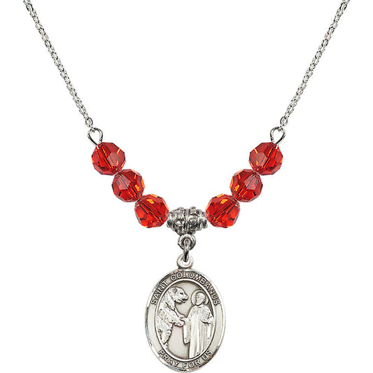 Sterling Silver Saint Columbanus Birthstone Necklace with Ruby Beads - 8321