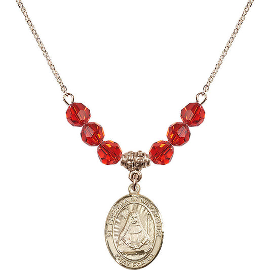 14kt Gold Filled Saint Edburga of Winchester Birthstone Necklace with Ruby Beads - 8324