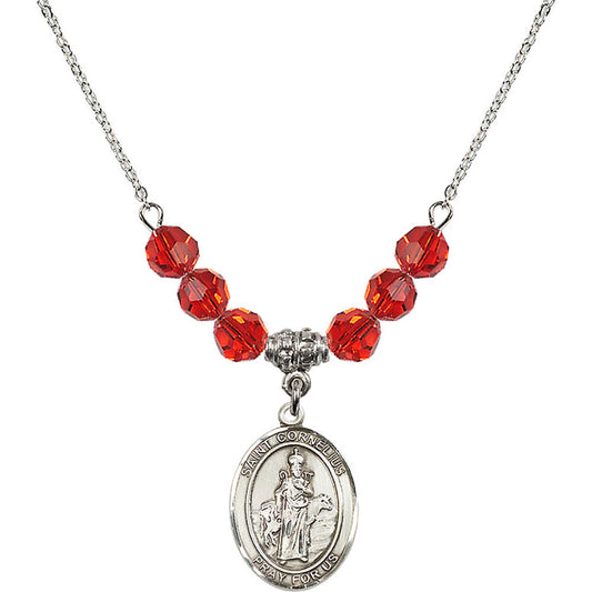 Sterling Silver Saint Cornelius Birthstone Necklace with Ruby Beads - 8325