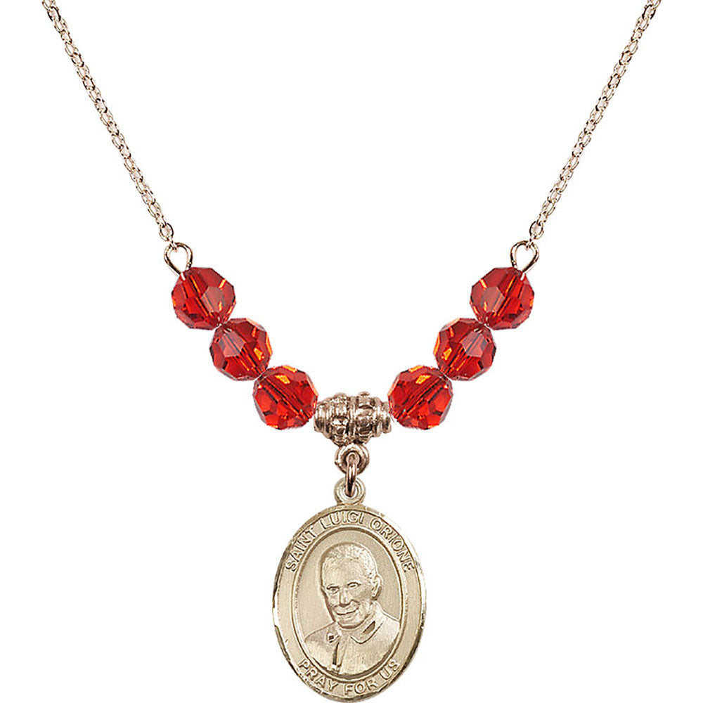 14kt Gold Filled Saint Luigi Orione Birthstone Necklace with Ruby Beads - 8326
