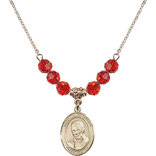 14kt Gold Filled Saint Luigi Orione Birthstone Necklace with Ruby Beads - 8326