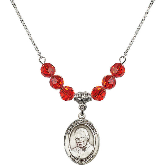 Sterling Silver Saint Luigi Orione Birthstone Necklace with Ruby Beads - 8326