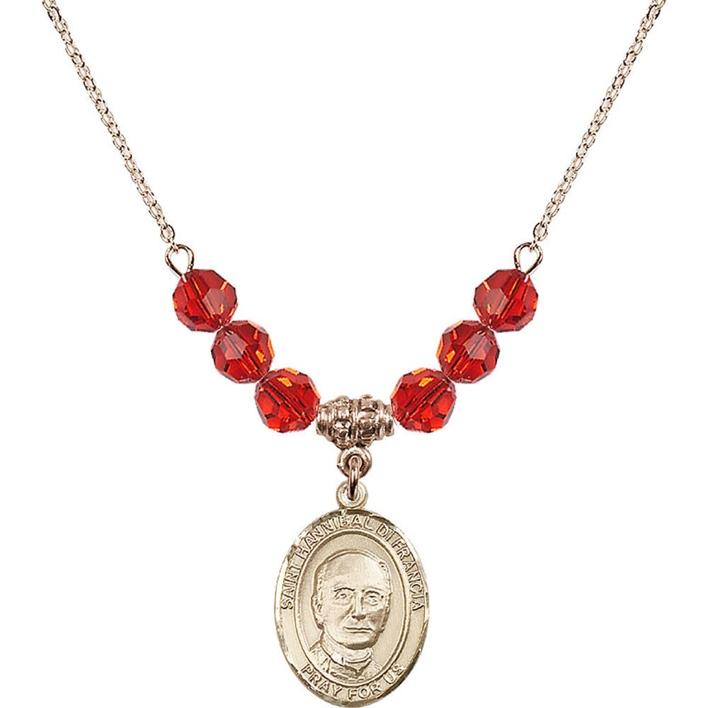14kt Gold Filled Saint Hannibal Birthstone Necklace with Ruby Beads - 8327