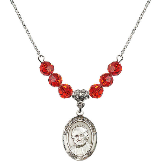 Sterling Silver Saint Arnold Janssen Birthstone Necklace with Ruby Beads - 8328