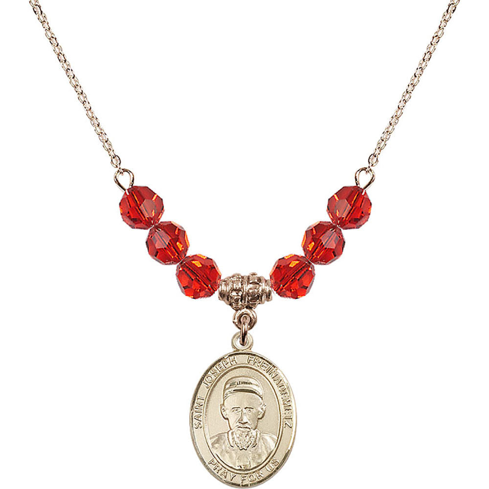14kt Gold Filled Saint Joseph Freinademetz Birthstone Necklace with Ruby Beads - 8329