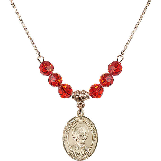 14kt Gold Filled Saint Louis Marie de Montfort Birthstone Necklace with Ruby Beads - 8330