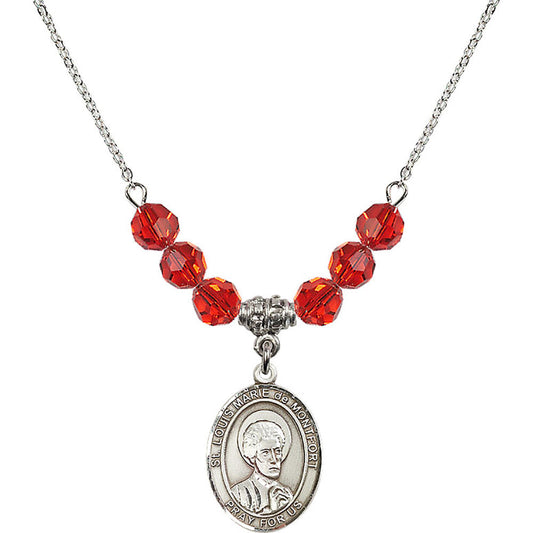 Sterling Silver Saint Louis Marie de Montfort Birthstone Necklace with Ruby Beads - 8330