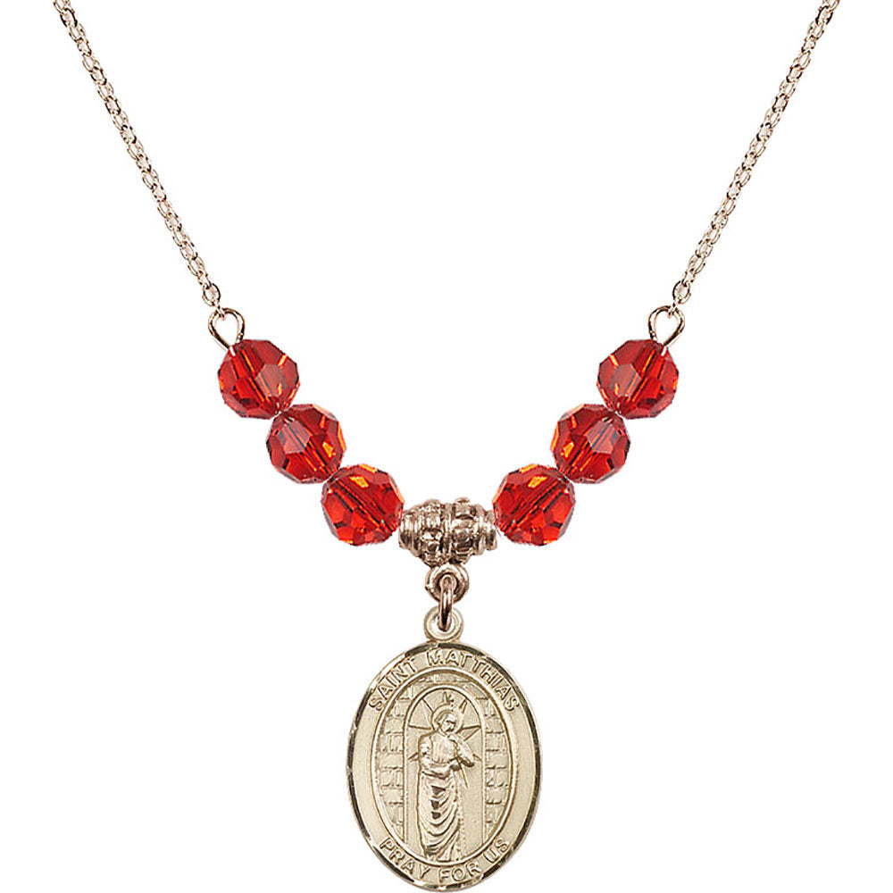 14kt Gold Filled Saint Matthias the Apostle Birthstone Necklace with Ruby Beads - 8331