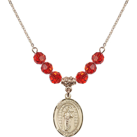 14kt Gold Filled Saint Matthias the Apostle Birthstone Necklace with Ruby Beads - 8331