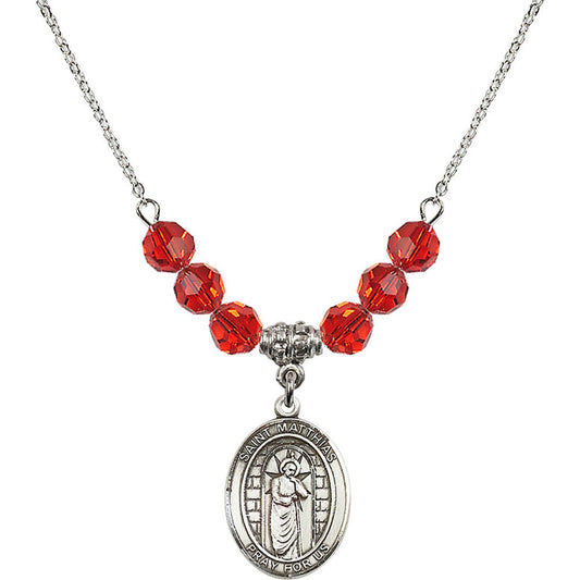 Sterling Silver Saint Matthias the Apostle Birthstone Necklace with Ruby Beads - 8331