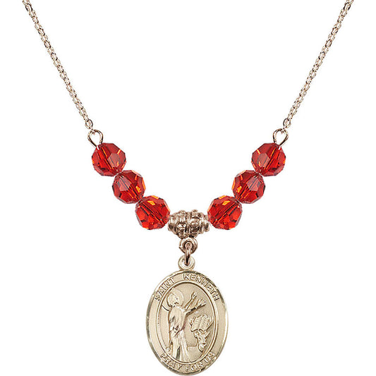 14kt Gold Filled Saint Kenneth Birthstone Necklace with Ruby Beads - 8332