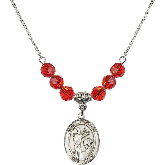 Sterling Silver Saint Kenneth Birthstone Necklace with Ruby Beads - 8332