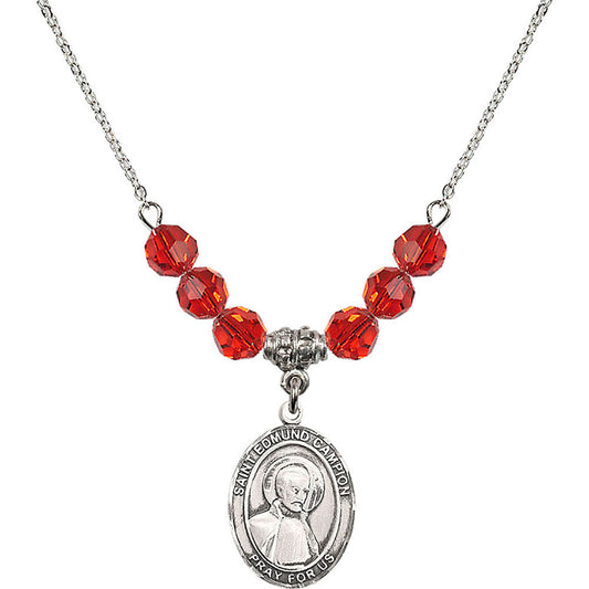 Sterling Silver Saint Edmund Campion Birthstone Necklace with Ruby Beads - 8333