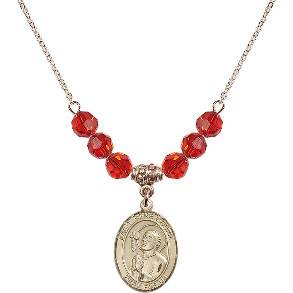 14kt Gold Filled Saint Rene Goupil Birthstone Necklace with Ruby Beads - 8334