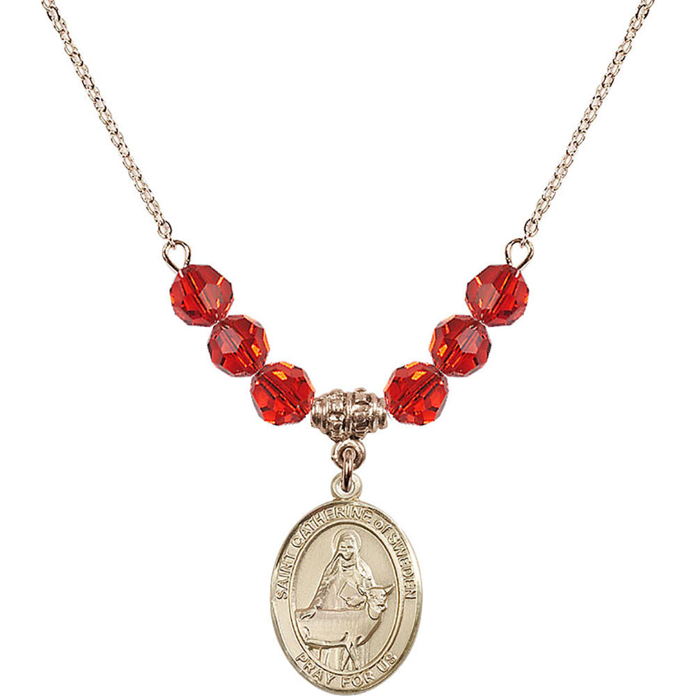 14kt Gold Filled Saint Catherine of Sweden Birthstone Necklace with Ruby Beads - 8336