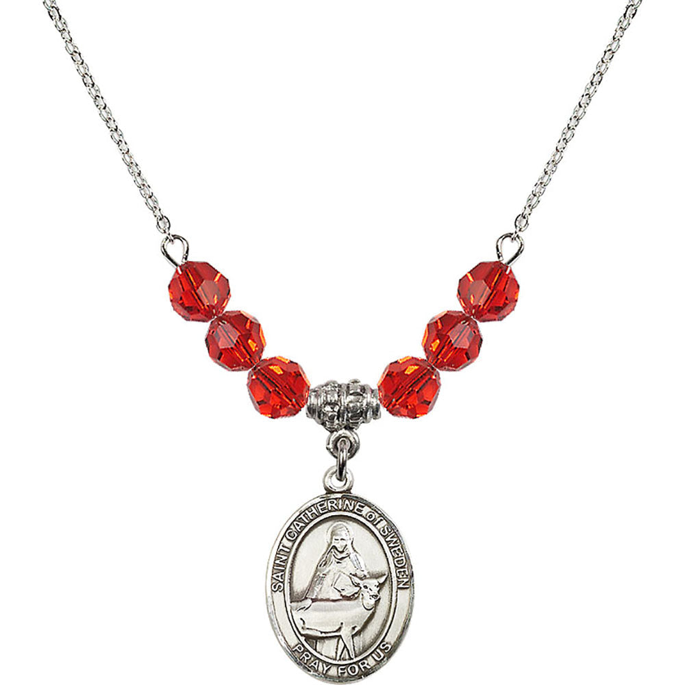 Sterling Silver Saint Catherine of Sweden Birthstone Necklace with Ruby Beads - 8336