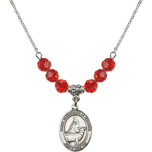 Sterling Silver Saint Catherine of Sweden Birthstone Necklace with Ruby Beads - 8336
