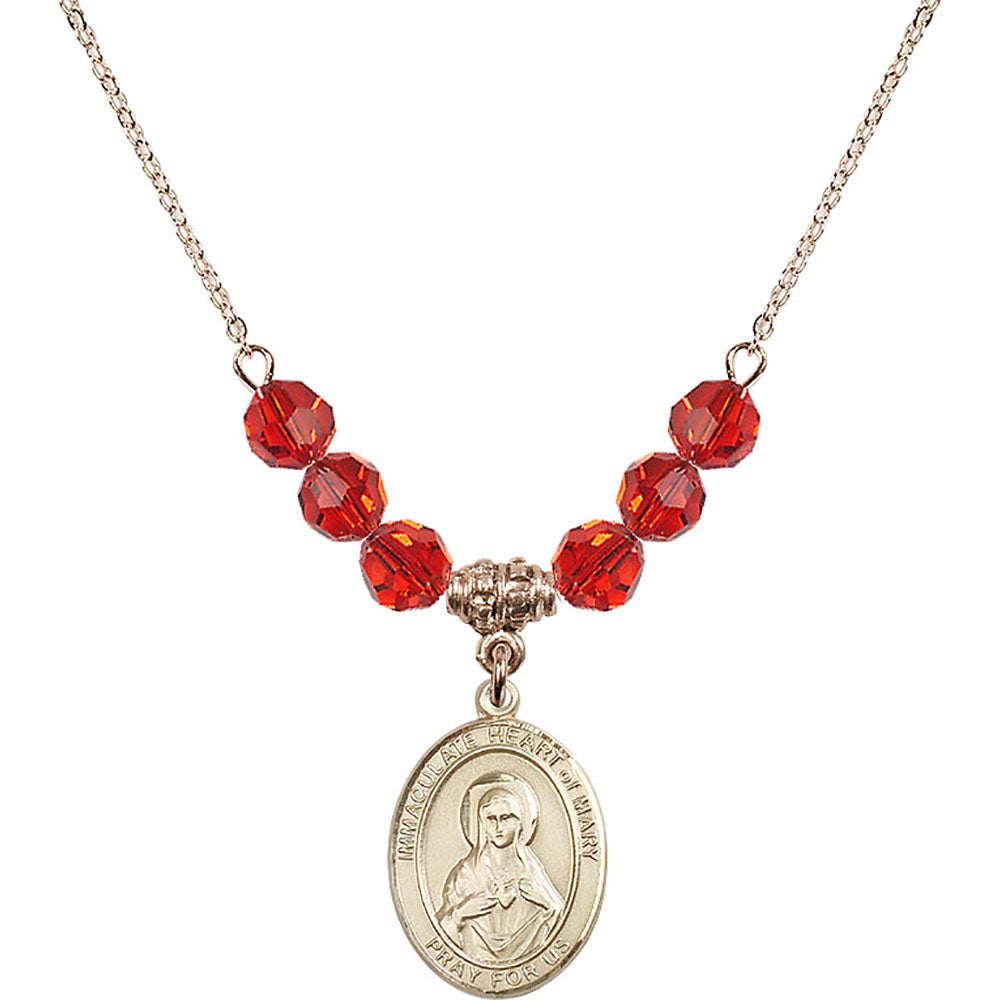 14kt Gold Filled Immaculate Heart of Mary Birthstone Necklace with Ruby Beads - 8337