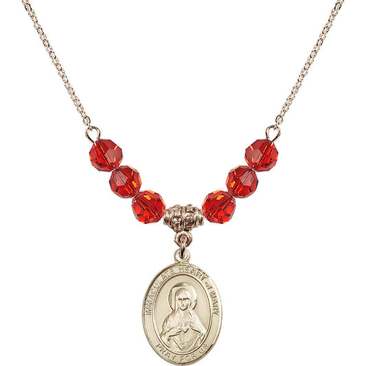 14kt Gold Filled Immaculate Heart of Mary Birthstone Necklace with Ruby Beads - 8337