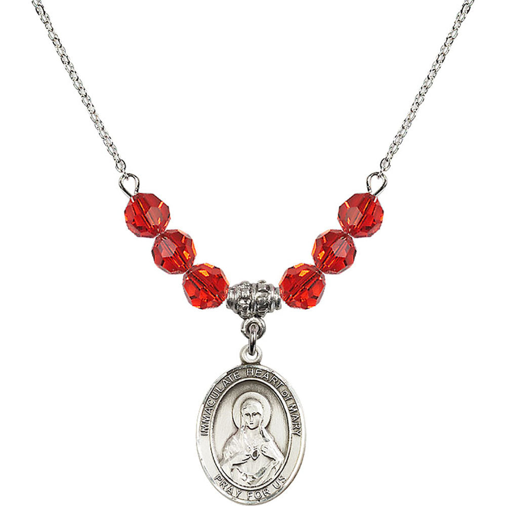 Sterling Silver Immaculate Heart of Mary Birthstone Necklace with Ruby Beads - 8337