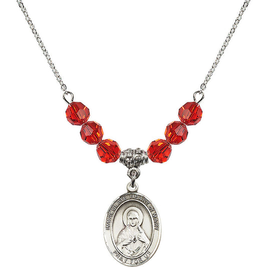 Sterling Silver Immaculate Heart of Mary Birthstone Necklace with Ruby Beads - 8337