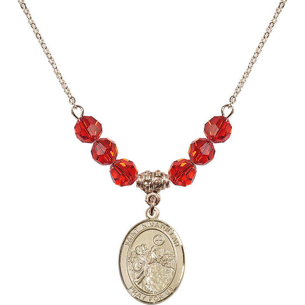 14kt Gold Filled Saint Nimatullah Birthstone Necklace with Ruby Beads - 8339
