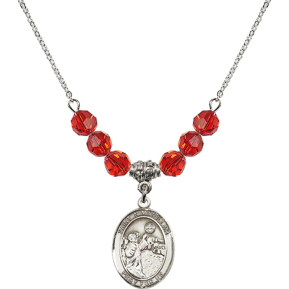 Sterling Silver Saint Nimatullah Birthstone Necklace with Ruby Beads - 8339