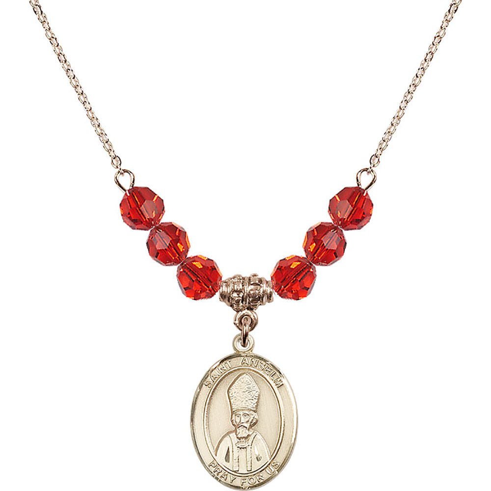 14kt Gold Filled Saint Anselm of Canterbury Birthstone Necklace with Ruby Beads - 8342