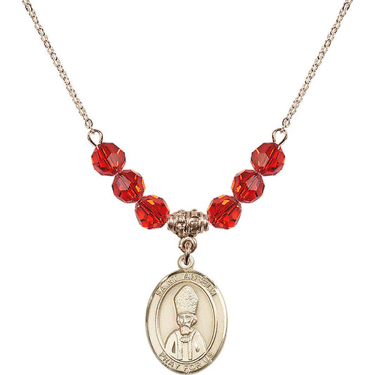 14kt Gold Filled Saint Anselm of Canterbury Birthstone Necklace with Ruby Beads - 8342