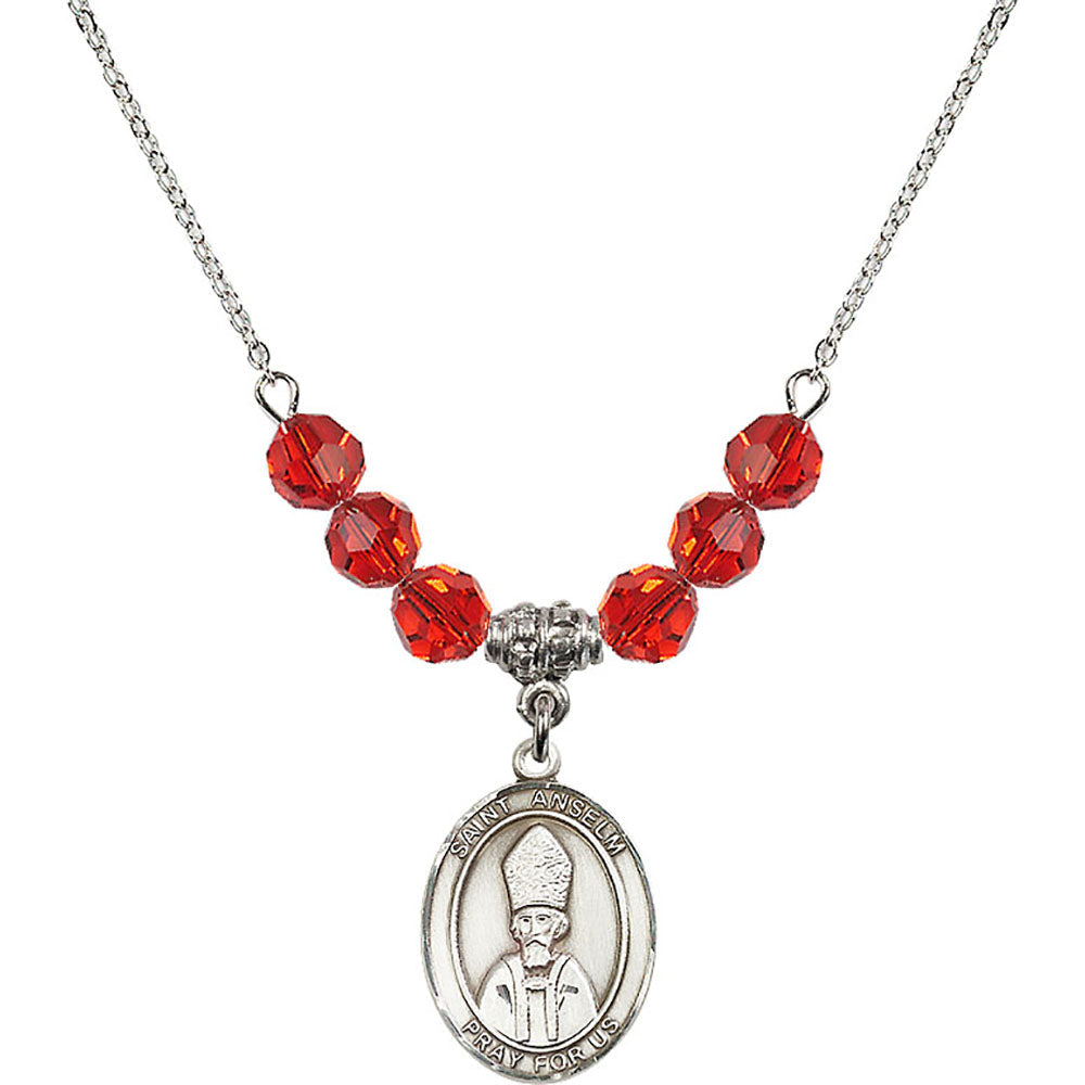 Sterling Silver Saint Anselm of Canterbury Birthstone Necklace with Ruby Beads - 8342