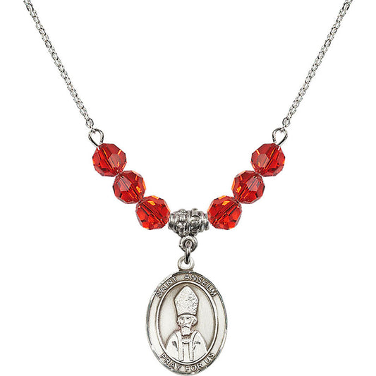 Sterling Silver Saint Anselm of Canterbury Birthstone Necklace with Ruby Beads - 8342