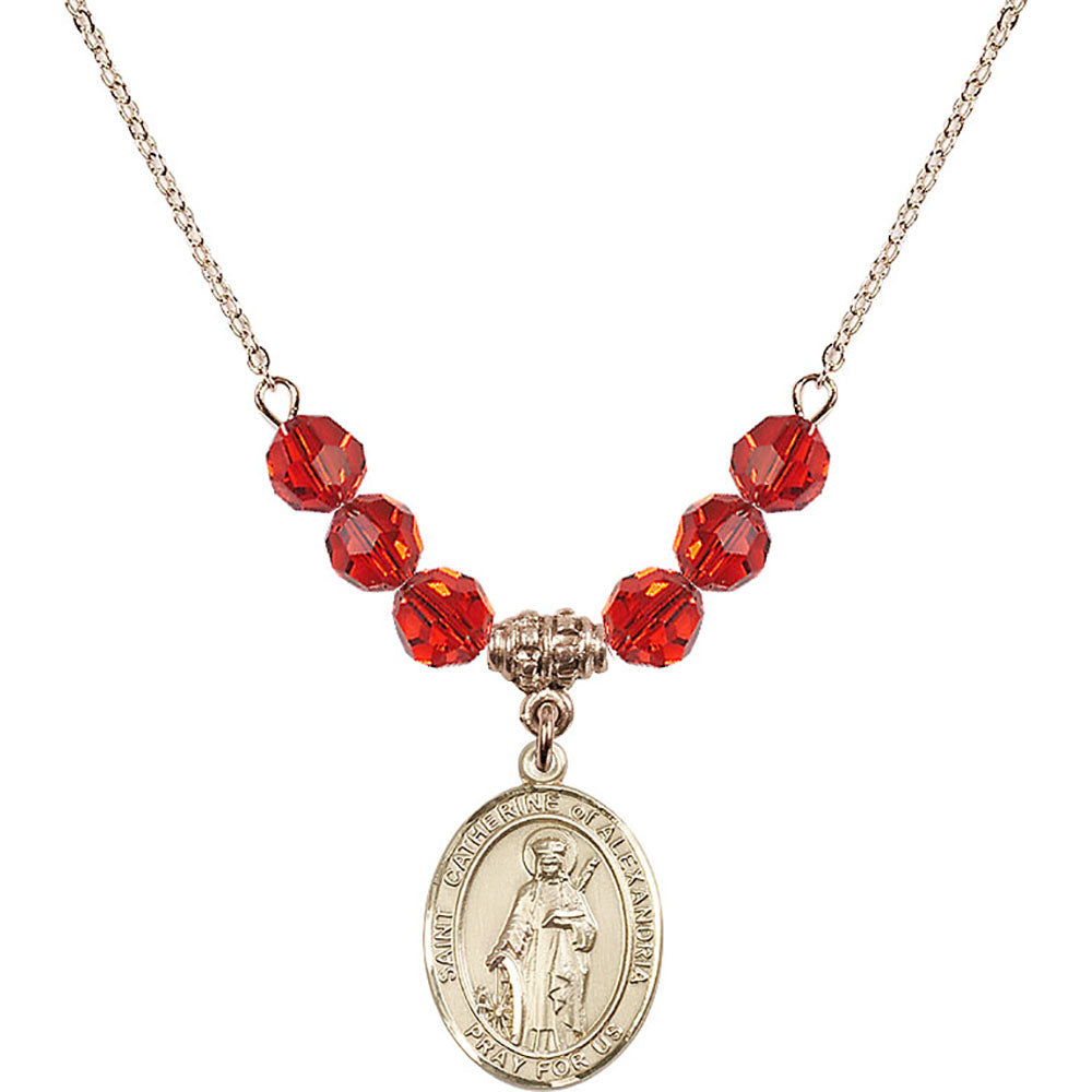14kt Gold Filled Saint Catherine of Alexandria Birthstone Necklace with Ruby Beads - 8343