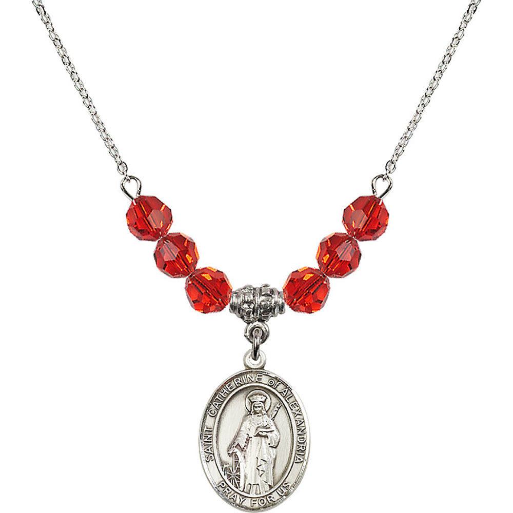 Sterling Silver Saint Catherine of Alexandria Birthstone Necklace with Ruby Beads - 8343