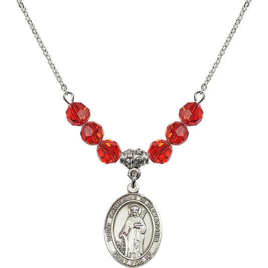 Sterling Silver Saint Catherine of Alexandria Birthstone Necklace with Ruby Beads - 8343