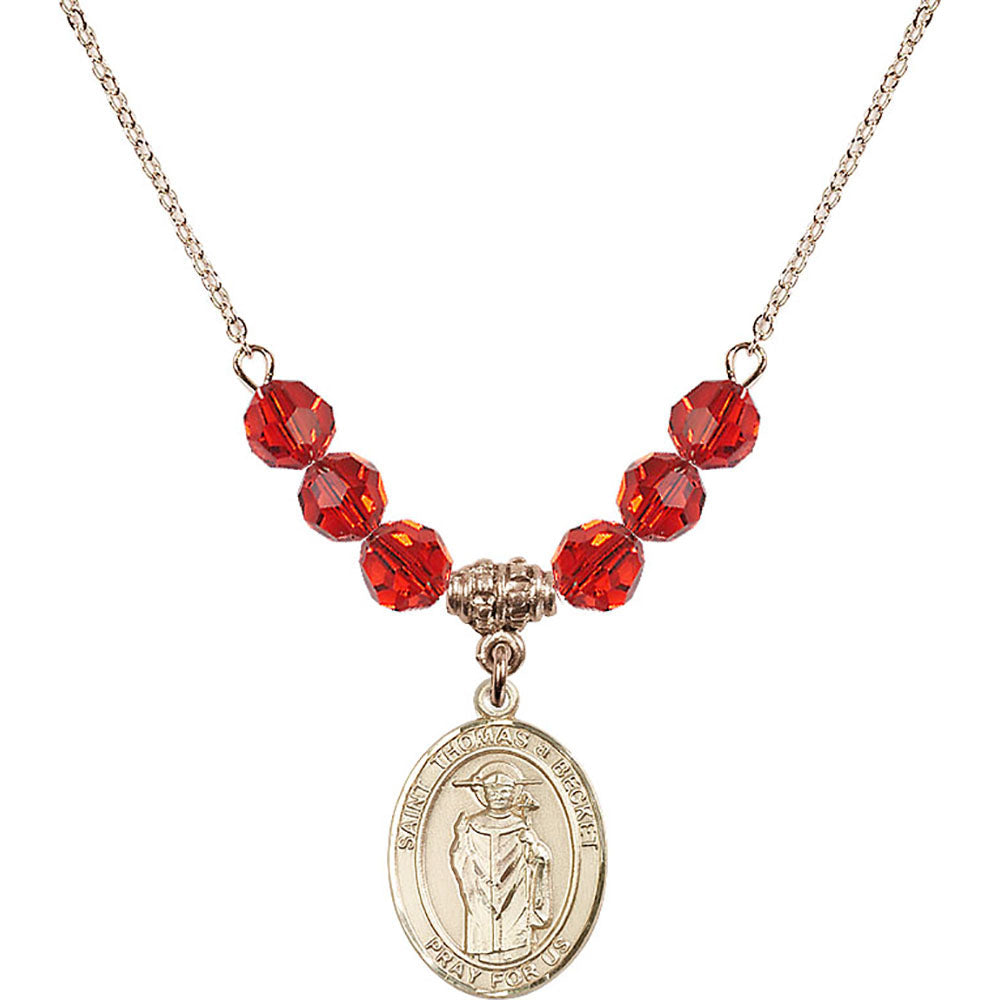 14kt Gold Filled Saint Thomas A Becket Birthstone Necklace with Ruby Beads - 8344