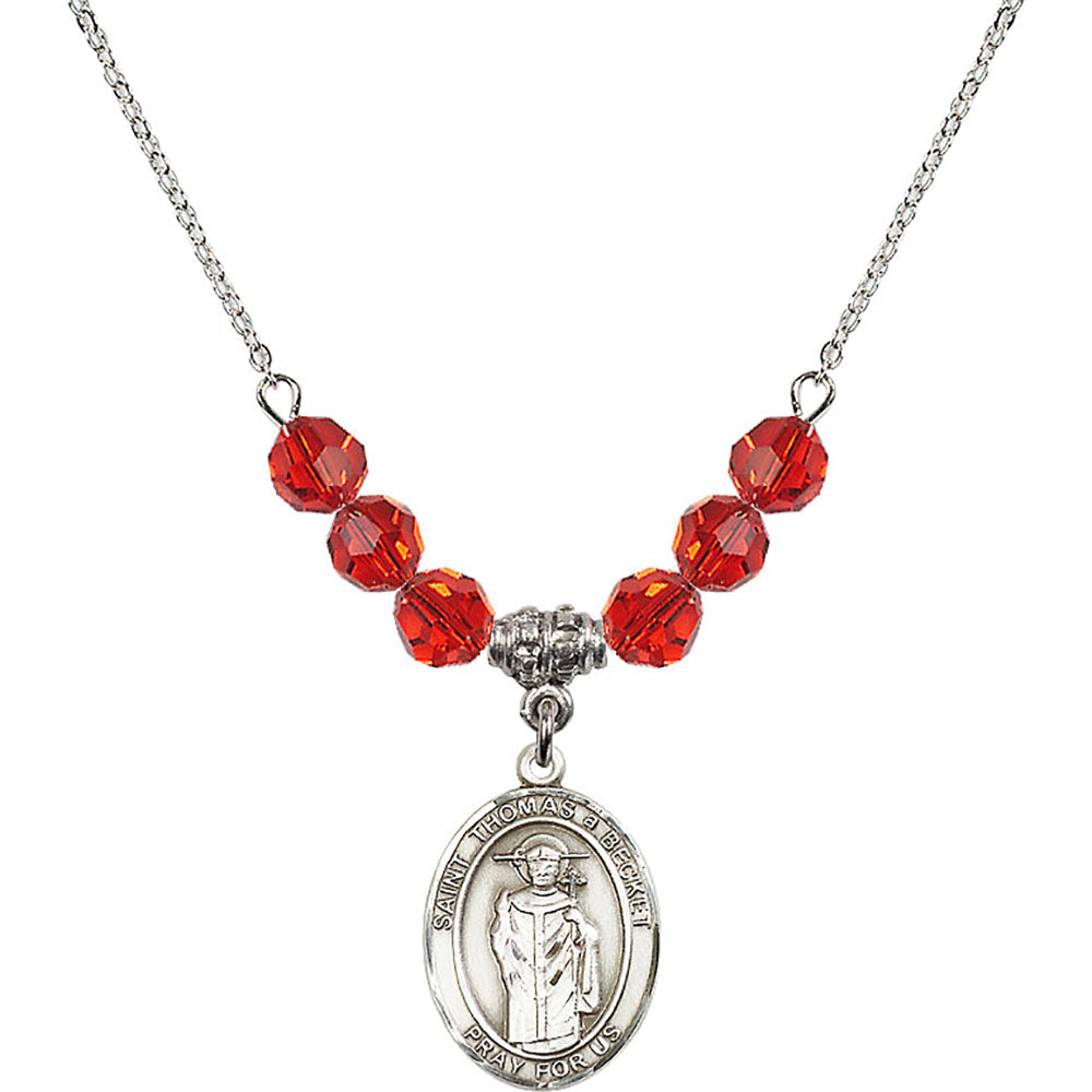 Sterling Silver Saint Thomas A Becket Birthstone Necklace with Ruby Beads - 8344