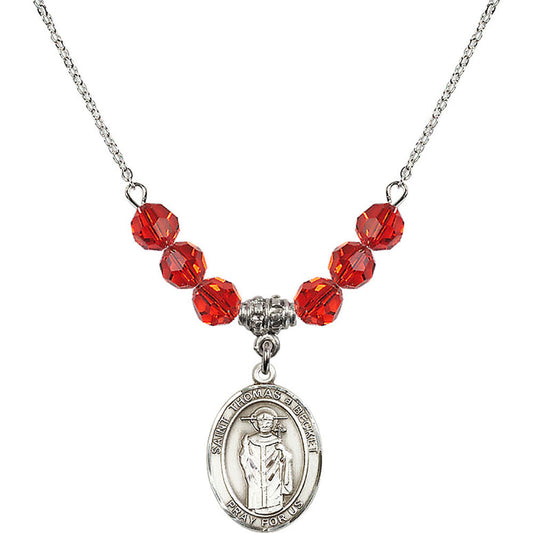 Sterling Silver Saint Thomas A Becket Birthstone Necklace with Ruby Beads - 8344