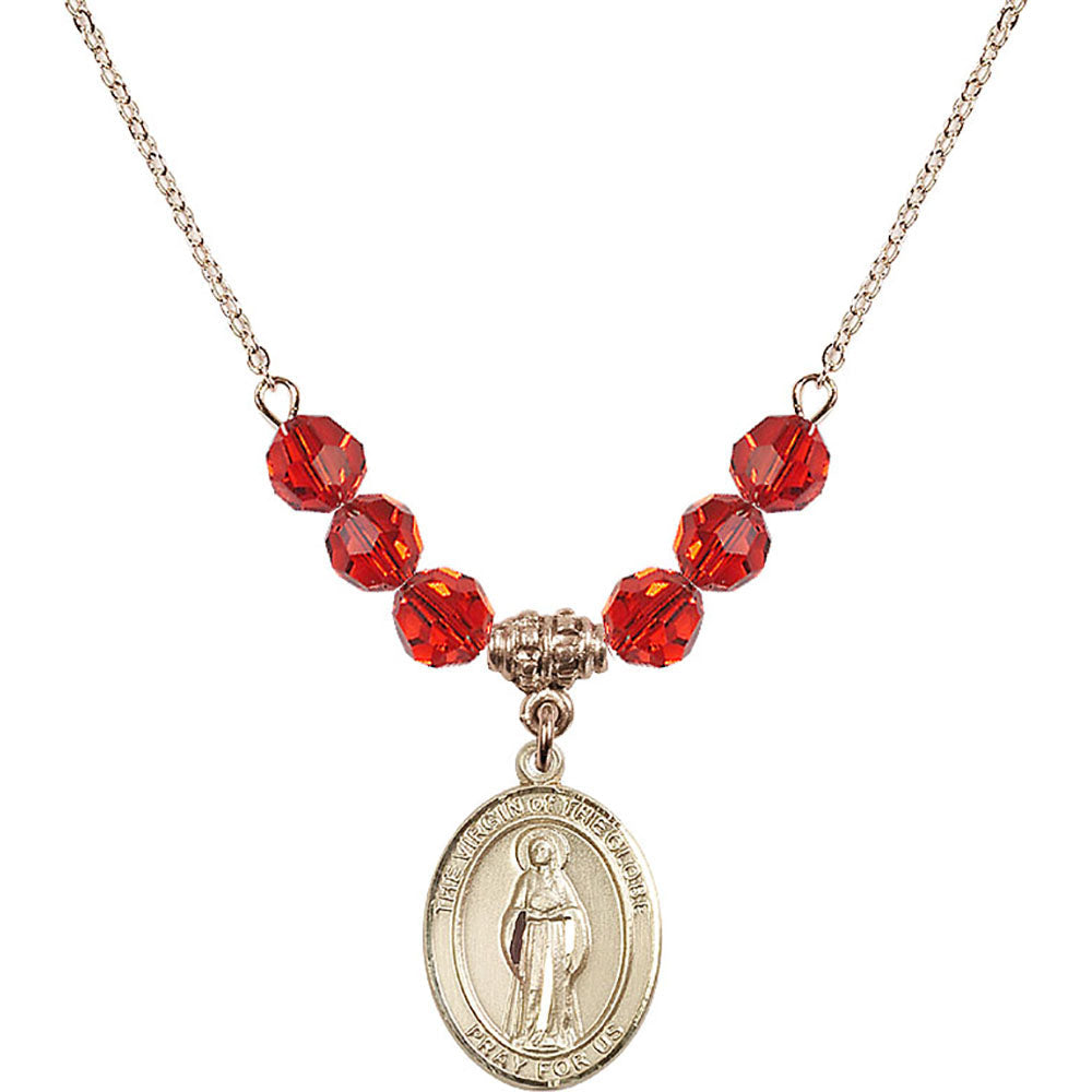 14kt Gold Filled Virgin of the Globe Birthstone Necklace with Ruby Beads - 8345