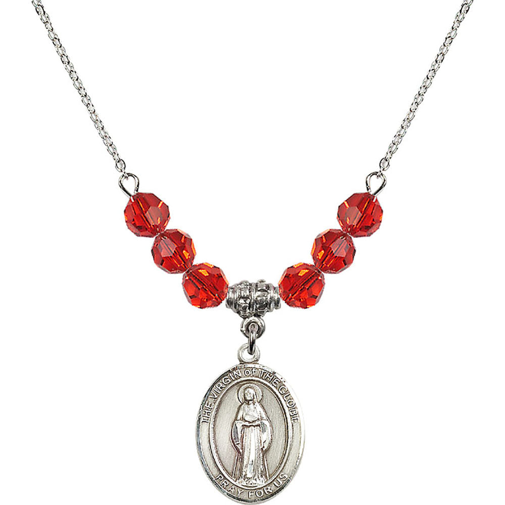 Sterling Silver Virgin of the Globe Birthstone Necklace with Ruby Beads - 8345