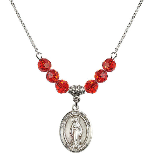 Sterling Silver Virgin of the Globe Birthstone Necklace with Ruby Beads - 8345