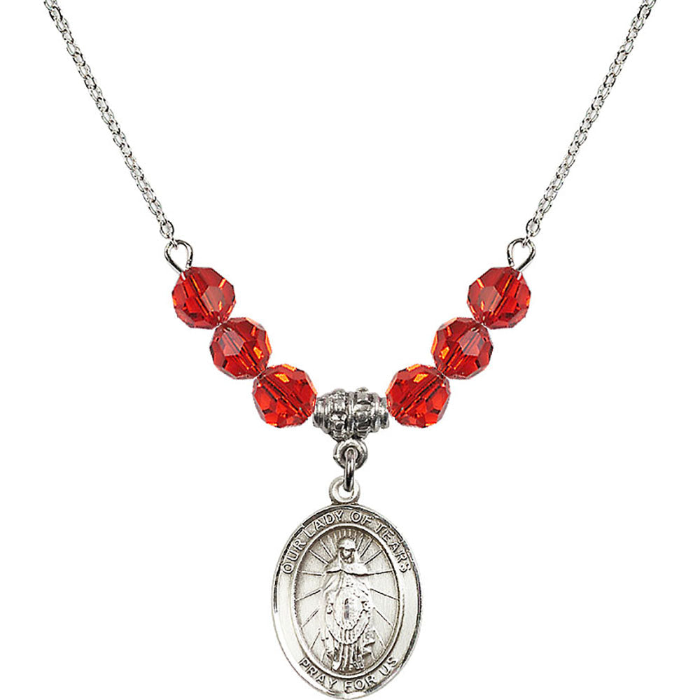 Sterling Silver Our Lady of Tears Birthstone Necklace with Ruby Beads - 8346