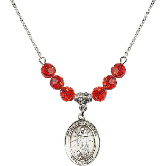 Sterling Silver Our Lady of Tears Birthstone Necklace with Ruby Beads - 8346