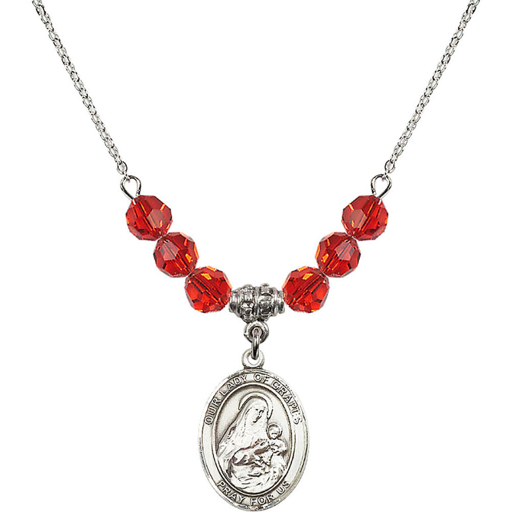 Sterling Silver Our Lady of Grapes Birthstone Necklace with Ruby Beads - 8347