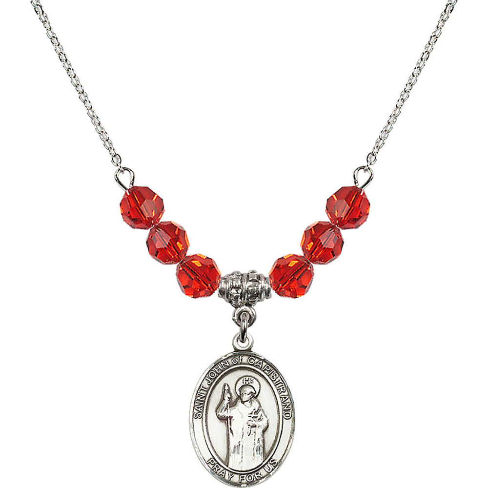 Sterling Silver Saint John of Capistrano Birthstone Necklace with Ruby Beads - 8350