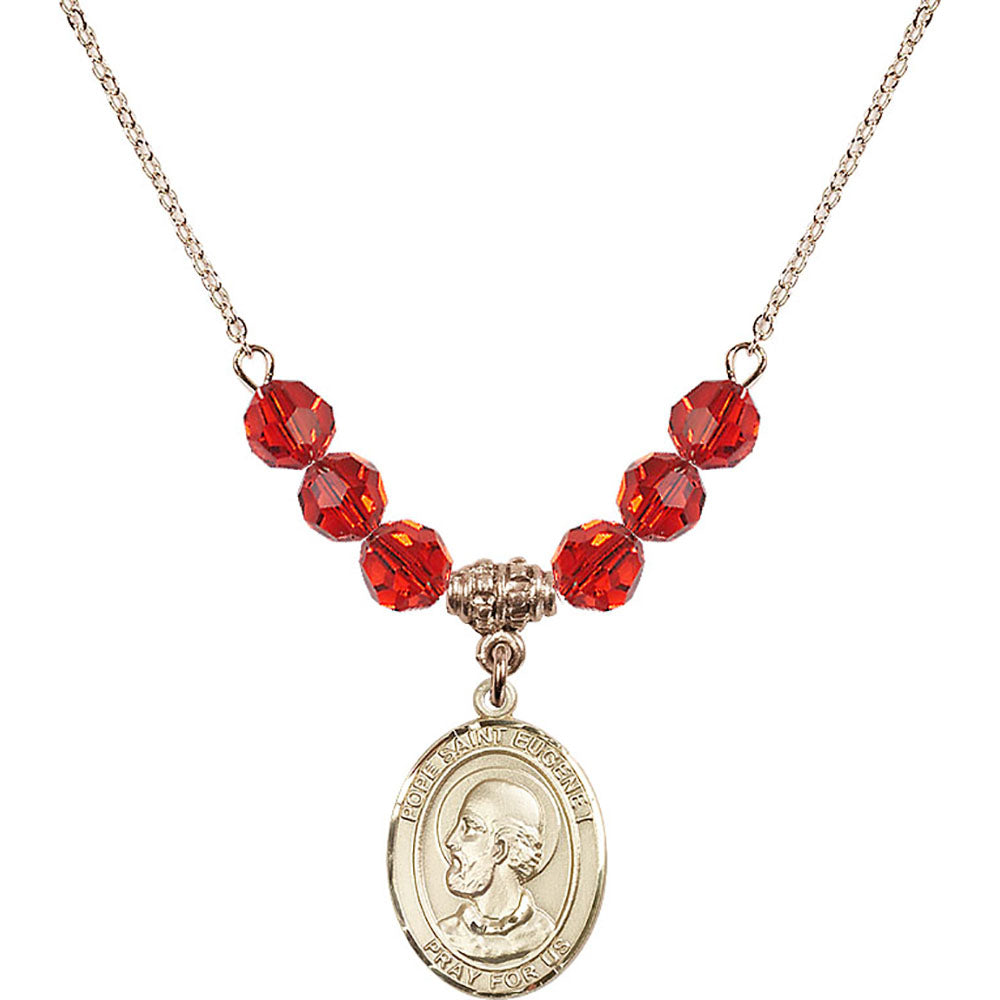 14kt Gold Filled Pope Saint Eugene I Birthstone Necklace with Ruby Beads - 8352