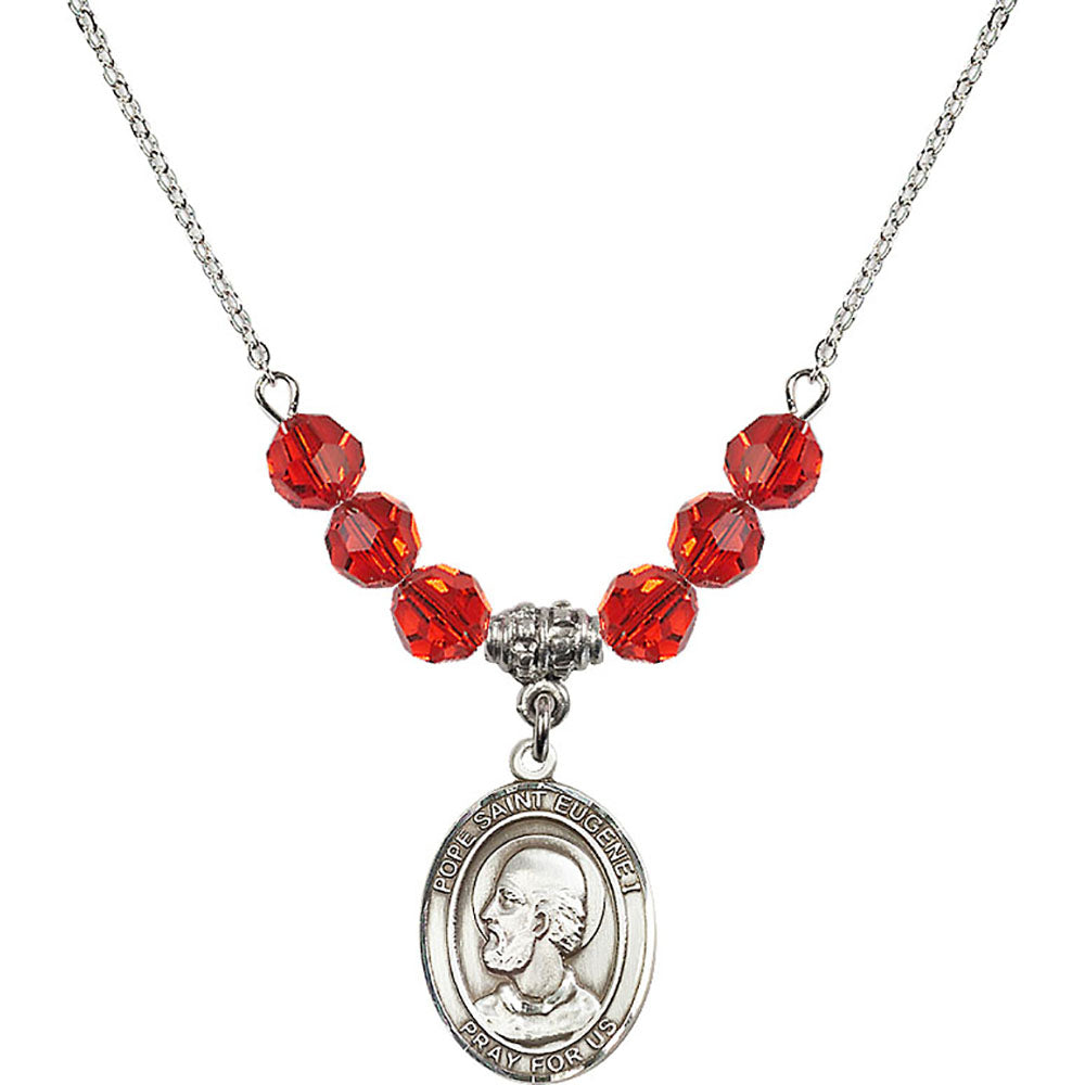 Sterling Silver Pope Saint Eugene I Birthstone Necklace with Ruby Beads - 8352