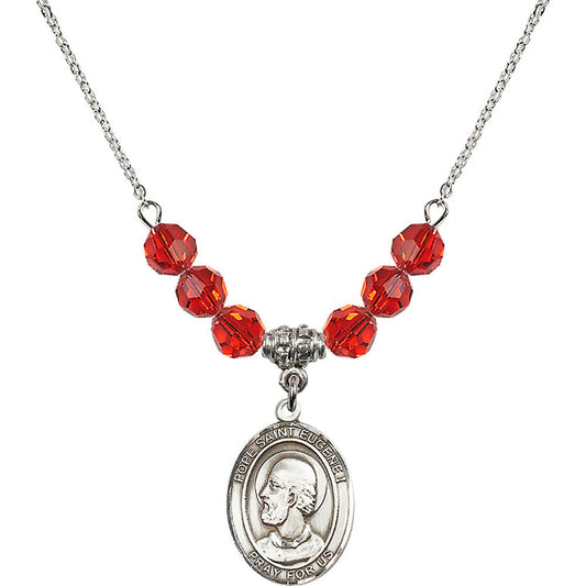 Sterling Silver Pope Saint Eugene I Birthstone Necklace with Ruby Beads - 8352